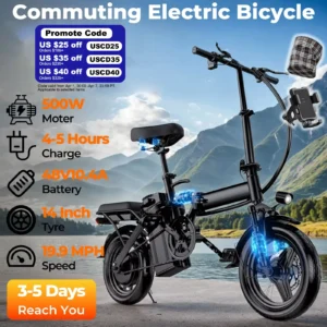 LELEKUAI 500W Adult Electric Bike, 20 MPH, 48V 10.4Ah Removable Battery, 14 Inch Folding Electric Bike.